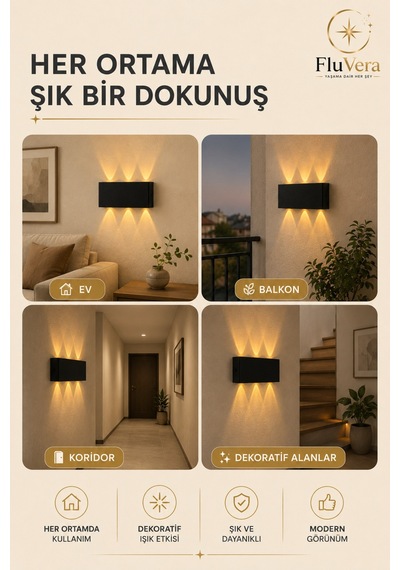 Pilli Amber 12w 3 Led Çift Taraflı Siyah Duvar Aplik Dekoratif Led Aydınlatma İç Dış Mekan Siyah