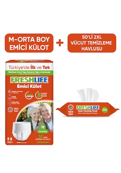 Freshlife Emici Külot Hasta Bezi Medium 30'lu + Vücut Temizleme Havlusu 2XL 50'li