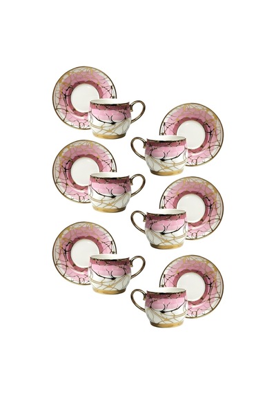 6 Kişilik Lüks Porselen Pembe Ton Altın Yaldızlı Kahve Fincan Seti - 100 Ml Çok Renkli