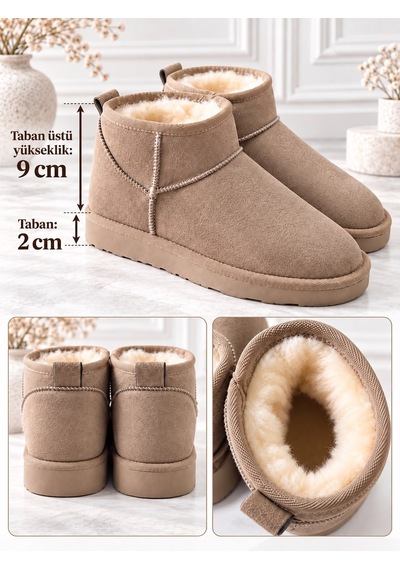 Dabab Shoes Holly Kadın Vizon Lüks Süet İçi Kürklü Sıcak Astarlı 2 Cm Düz Tabanlı Kısa Bot Kar Botu
