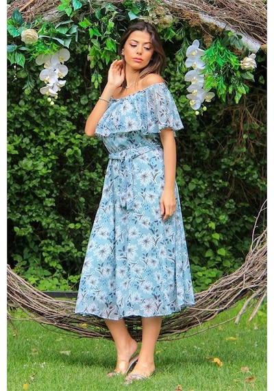 Neşeli Butik Kadın Mint Carmen Yaka Çiçekli Midi Boy Şifon Elbise Nb10037 Mint