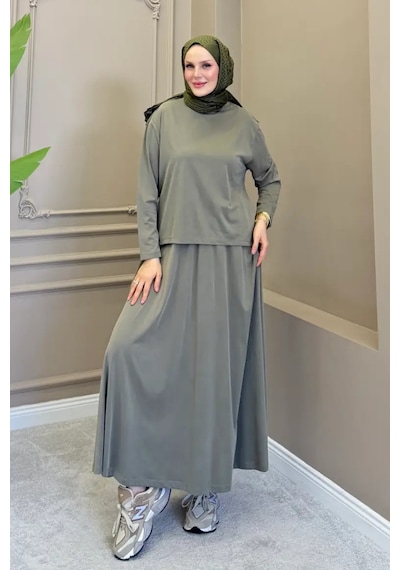 Balenbi Kadın Modal Kumaş Rahat Kalıp Lastikli Bel Etekli Tesettür Takım 1221 - Premium Seri Haki Balenbi Kadın Modal Kumaş Rahat Kalıp Lastikli Bel Etekli Tesettür Takım 1221 - Premium Seri Haki