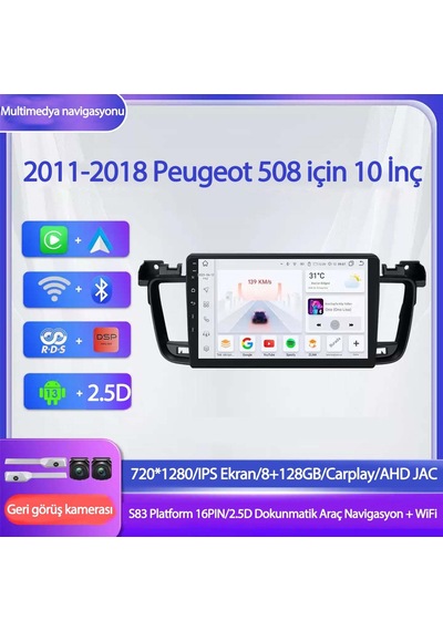 Otolas 2011-2018 Peugeot 508 Için 8+128gb, Gps, 10 Inç Carplay Destekli, Kameralı Multimedya Navigasyon Ekranı 10"