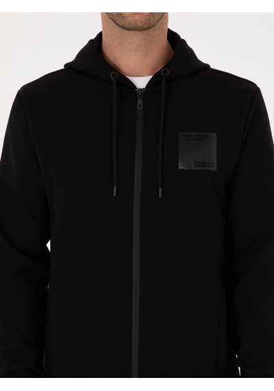 Siyah Regular Fit Pamuk Karışımlı Tam Fermuarlı Kapüşonlu Sweatshirt