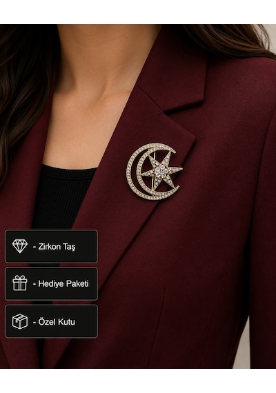 Hediye Gold Ay Yıldız Taşlı Kadın Broş Rozet Aksesuar Açık Gri