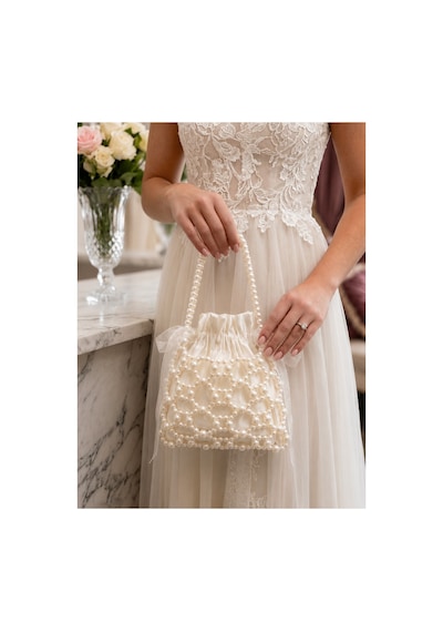 Nagihome El Yapımı İnci İşlemeli Kadın Çantası Gelin, Nişan, Davet Ve Günlük Kullanım Pearl Bag Ekru