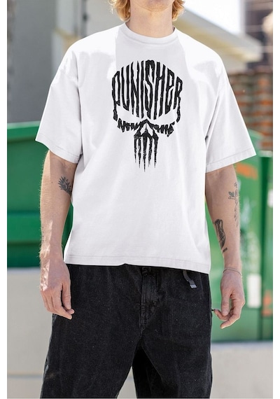 Punisher Baskılı Unisex Tasarım Tişört, Oversize Marvel Tişört Beyaz