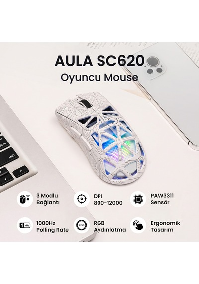 Aula Sc620 Paw3311 Sensör 12000 Dpı 1000hz Kablolu Ve Kablosuz Gaming Oyuncu Mouse Desenli Beyaz