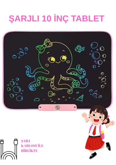 Grafik Çizim Ve Yazı Çocuk Tableti 10 İnç Pembe Şarjlı , Dijital Kalemli Renkli Tablet Usb Kablo Hediye