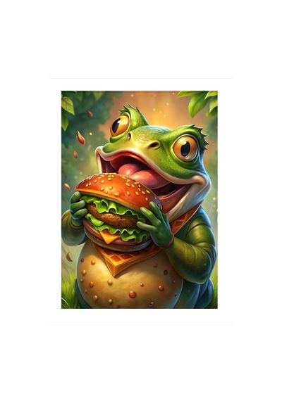 Hamburger Yiyen Kurbağa Hediyelik Ahşap Tablo 35cm X50cm