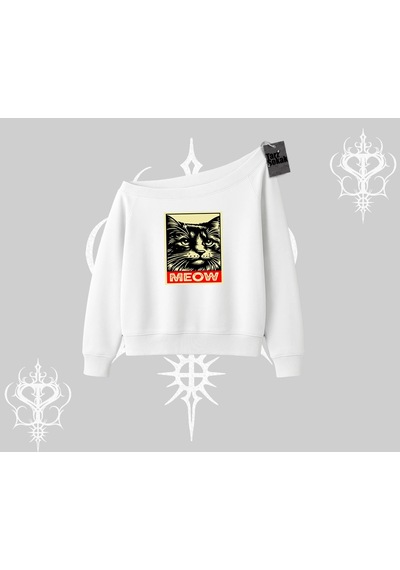 Startmore Meow Yazılı Kedi Portre Baskılı Kayık Yaka Sweatshirt Beyaz