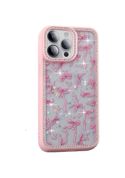 Apple Uyumlu iPhone 14 Pro Max Kılıf Taşlı Ve Simli Tasarım Mkst Azra Kapak - Pembe Pembe