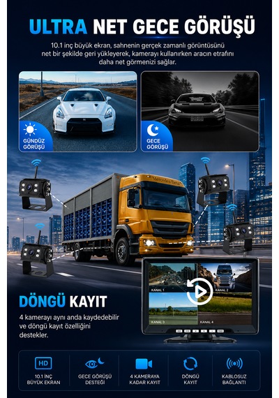 10'' Inç Monitörlü 4 Kameralı Tır Kamyon Otobüs Servis İçin Kablosuz Araç Seti
