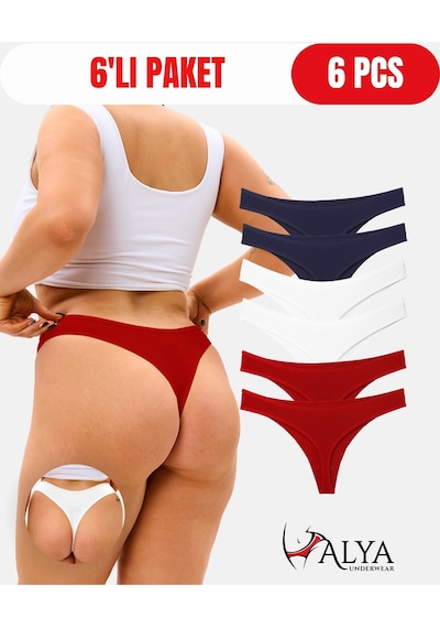 Alya Underwear Kadın Tanga Külot, Pamuklu String, Lacivert Kırmızı Ekru 6'lı Paket Çok Renkli A02