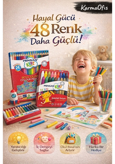 48 Renk Resim Seti 24 Boya Kalemi + 24 Yumuşak Pastel Boya Çocuk Boya Seti Yerli Üretim