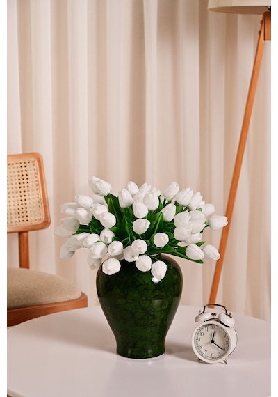 Beyaz Yapay Lüx Lale Çiçeği Buketi 8 Dallı Premium Canlı Islak Dokulu 35 Cm