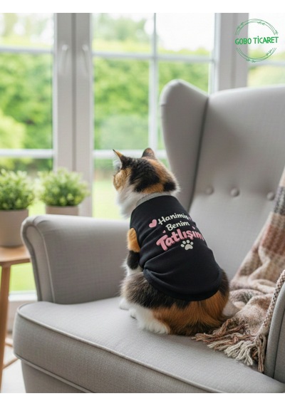 Siyah Hanimiş Benim Tatlışım Baskılı Kedi Ve Köpek Kıyafeti Tişörtü Elbisesi Medium/m/beden 2