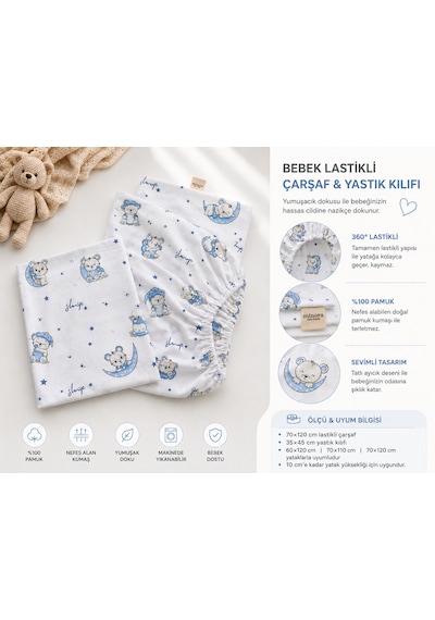 Minora Baby&kids %100 Pamuk Ranforce Anne Yanı Park Yatak Lastikli Bebek Çarşafı Ve Yastık Kılıfı Seti 70x120 - 35x45 - Mavi Ayı