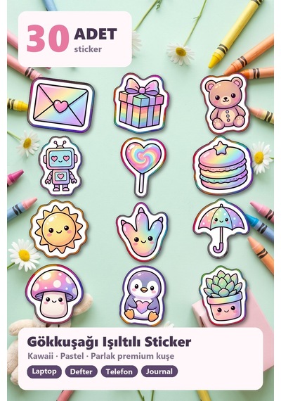 30 Adet Sevimli Figürler Sticker Seti Çilek, Hilal, Yıldızlar - Laptop Defter Telefon Çok Renkli