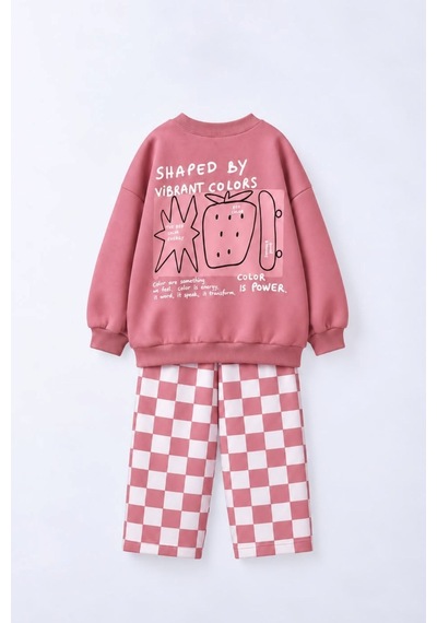 Zuzunga Kız Çocuk Dama Desenli Oversize 3 İplik Sweatshirt Ve Bol Paça Eşofman Takım Pembe Zuzunga Kız Çocuk Dama Desenli Oversize 3 İplik Sweatshirt Ve Bol Paça Eşofman Takım Pembe
