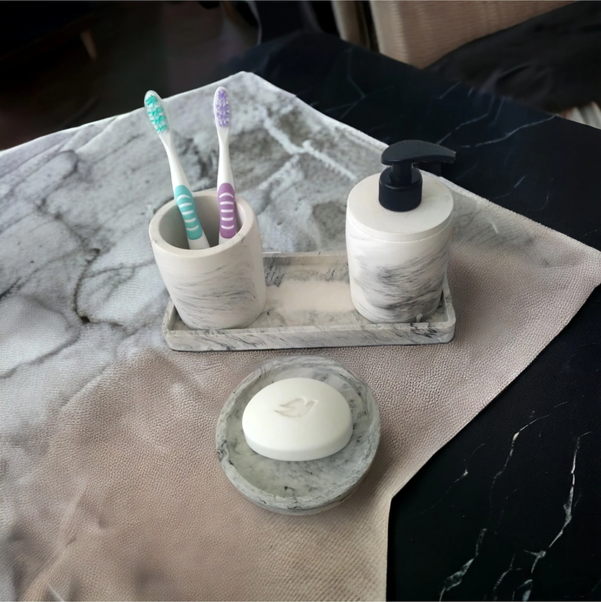 Marble 4'lü Banyo Seti, Sıvı Sabunluk Diş Fırçalığı Beton Aksesuar Takım Gri
