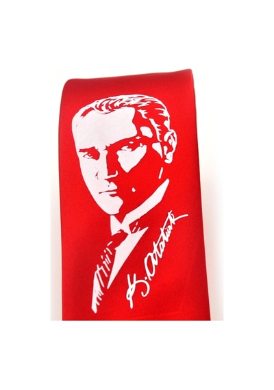 Atatürk Portre Ve İmza Baskılı Slim Fit Saten Kırmızı Kravat - Ak-08 Kırmızı