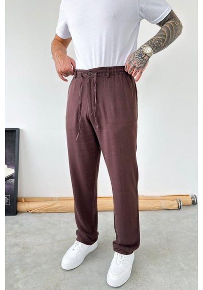 Kahverengi Beli Lastikli Keten Pantolon