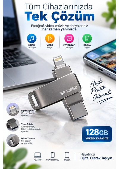 Döner Tasarımlı 128gb Lightning Type C Usb Flash Bellek Telefon Tablet Ve Bilgisayar Uyumlu Diğer