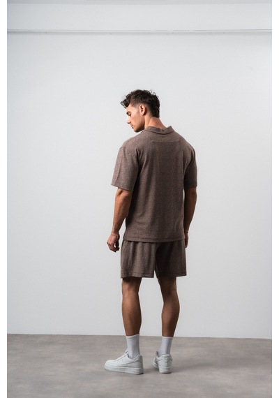Erkek 2flyy Yazılı Yarım Fermuarlı Regular Fit T-shirt Şort Takım Kahve Kahverengi