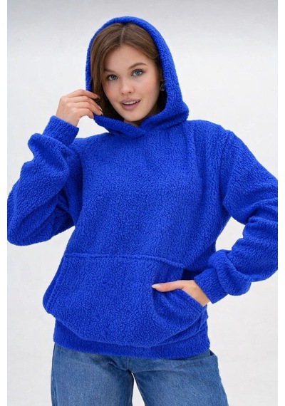 Mamayaga Kadın Peluş Kumoş Kanguru Cepli Kapüşonlu Rahat Kalıp Standart Sweatshirt Mavi