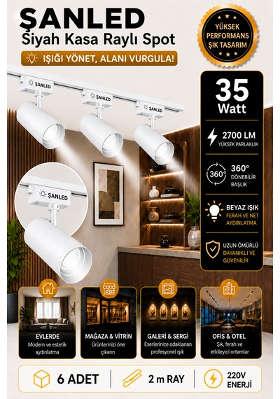 Led Beyaz Kasa Beyaz Işık 35w Raylı Spot / 6 Adet 2 Metre Ray