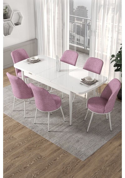 Canisa Kor Serisi, Beyaz Açılabilir 70x114 Yemek Masa Takımı 6 Pembe Sandalye Masa Beyaz Sandalyeler Pembe Canisa Kor Serisi, Beyaz Açılabilir 70x114 Yemek Masa Takımı 6 Pembe Sandalye Masa Beyaz Sandalyeler Pembe
