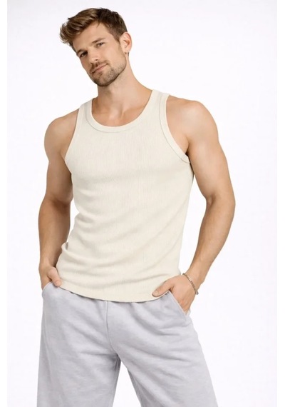 Erkek Fitilli Atlet Sıfır Yaka Slim Fit Arka Baskılı Spor Atlet - Krem Krem