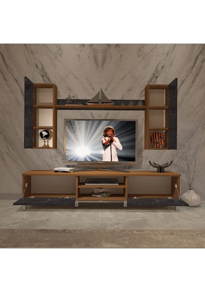 Decoraktiv Eko 5d Mdf Dvd Krom Ayaklı Tv Ünitesi Tv Sehpası Ceviz - Siyah Mermer