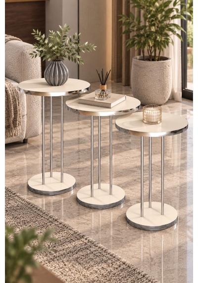 Sulorahome Gümüş Metal Ayaklı Krem Bej 3'lü Yuvarlak Zigon Sehpa Takımı