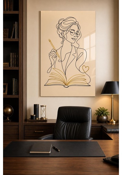 Kitap Okuyan Kadın Baskılı Cam Tablo Minimalist Çizgi Sanatı Uv Baskı