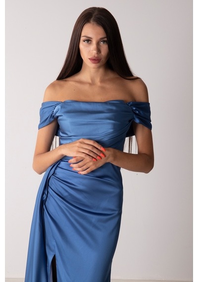 Belamore Indigo Drape Detaylı Saten Kumaş Abiye 9704858.98
