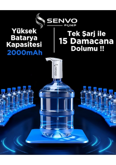 Senvo Pump Damacana Su Pompası Hızlı Dolum, Ultra Sessiz, Tek Şarjla 15 Damacanaya Kadar Beyaz
