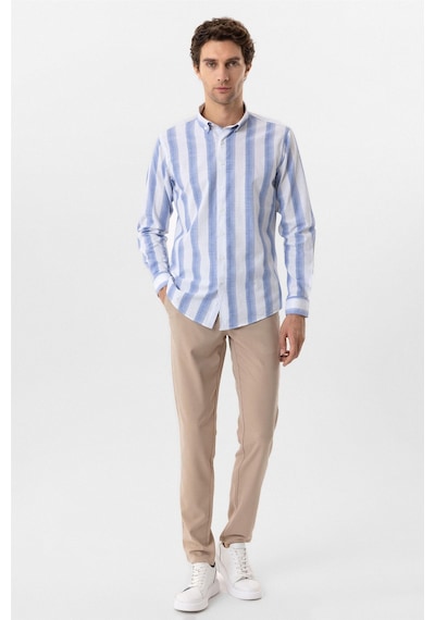 Süvari Mavi Slim Fit Desenli Düğmeli Yaka Çizgili Gömlek