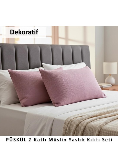 Püskül 2-adet Müslin Yastık Kılıfı Seti, 100% Pamuk 2-katlı Standart Ölçü Çok Renkli