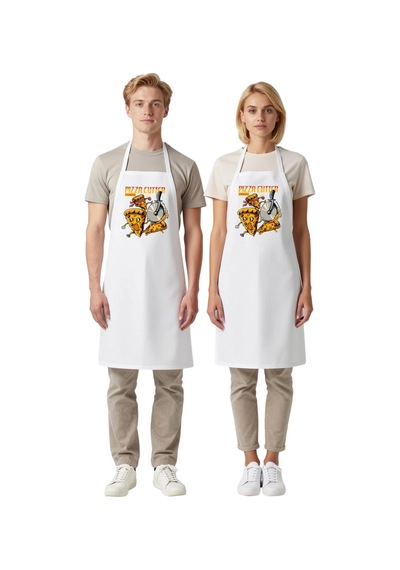Unisex Mutfak Önlüğü Pizza Kesici Teması Grafik Baskılı Rahat Kes Beyaz