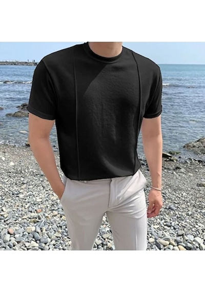 Tarz Cool Yuvarlak Yaka 2 Çizgili Triko T-shirt Siyah