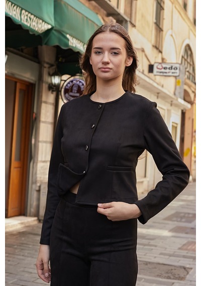 Kadın Esnek Süet Kumaş Sıfır Yaka Flato Cepli Uzun Kol Blazer Ceket-siyah Siyah