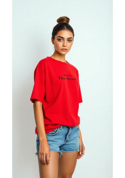 The Future Baskılı Oversize T-shirt Kırmızı