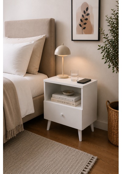 Yatak Odası Komodin Beyaz Çekmeceli Minimalist Basic Ayaklı