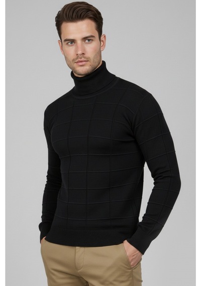 Deepsea Erkek Siyah Kare Desenli Balıkçı Yaka Slim Fit Boğazlı Triko Kazak 2505493 Siyah