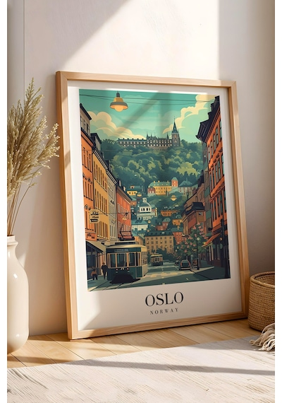 Oslo Norway Vintage Seyahat Posteri Çerçeveli Tablo - Premium İskandinav Şehir Elit Duvar Dekoru Kayın