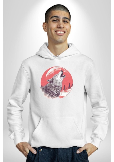 Uluyan Beyaz Kurt Kadın Erkek Beyaz Kapüşonlu Sweatshirt Hoodie Beyaz