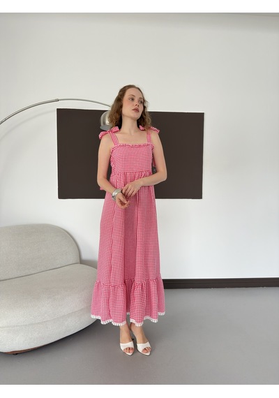 Verymoda Kadın Pötikare Desenli Askı Bağlama Detaylı Maxi Elbise D3108 Pembe