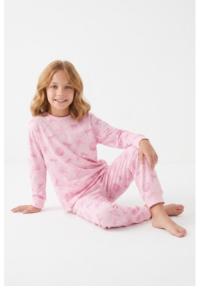 Bunny Hopp Kız Çocuk Pembe Deniz Kabuğu Ve Kurdele Desenli Uzun Kollu Pijama Takımı %100 Pamuk Süprem